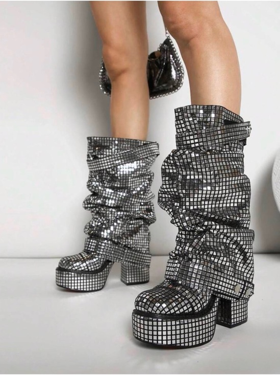 shuzia Shoes - Silver Sequin Slouch Platform Mid-Calf Boots - Women
